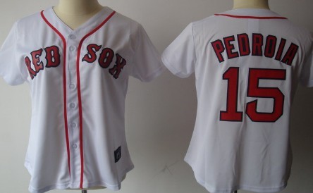 Boston Red Sox #15 Dustin Pedroia White With Red Womens Jersey 