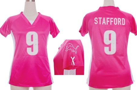 Nike Detroit Lions #9 Matthew Stafford 2012 Pink Womens Draft Him II Top Jersey