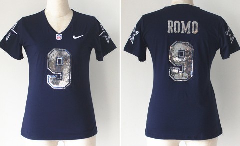 Nike Dallas Cowboys #9 Tony Romo Handwork Sequin Lettering Fashion Blue Womens Jersey