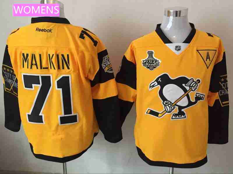 Women's Pittsburgh Penguins #71 Evgeni Malkin Yellow Stadium Series 2017 Stanley Cup Finals Patch Stitched NHL Reebok Hockey Jersey