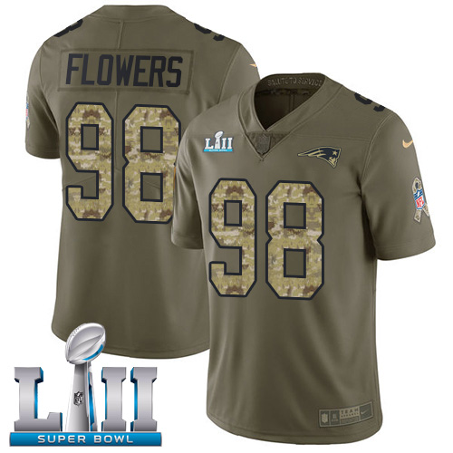 Men's Nike Patriots #98 Trey Flowers Olive Camo Super Bowl LII Stitched NFL Limited 2017 Salute To Service Jersey