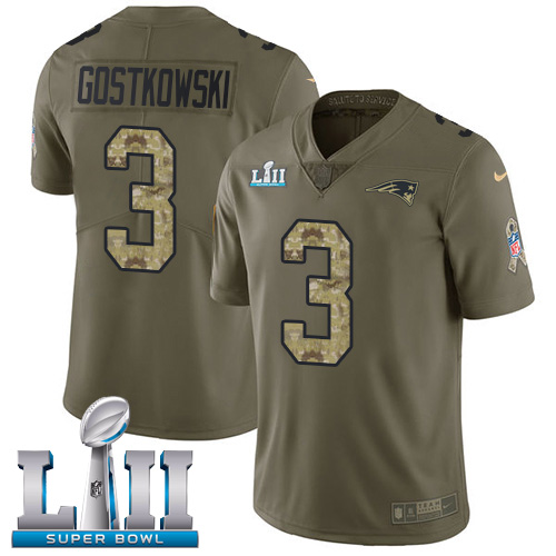 Men's Nike Patriots #3 Stephen Gostkowski Olive Camo Super Bowl LII Stitched NFL Limited 2017 Salute To Service Jersey