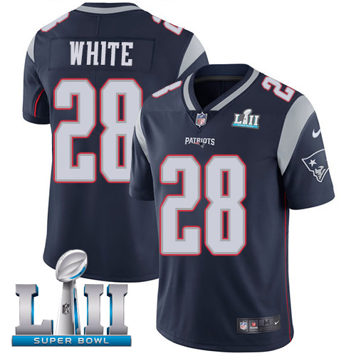 Men's Nike Patriots #28 James White Navy Blue Team Color Super Bowl LII Stitched NFL Vapor Untouchable Limited Jersey