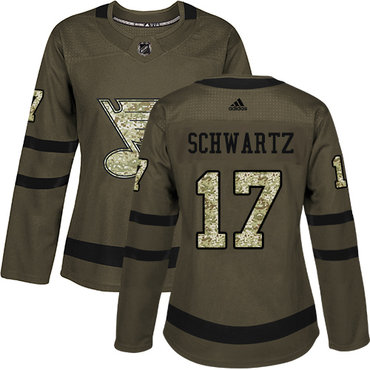 Adidas St.Louis Blues #17 Jaden Schwartz Green Salute to Service Women's Stitched NHL Jersey
