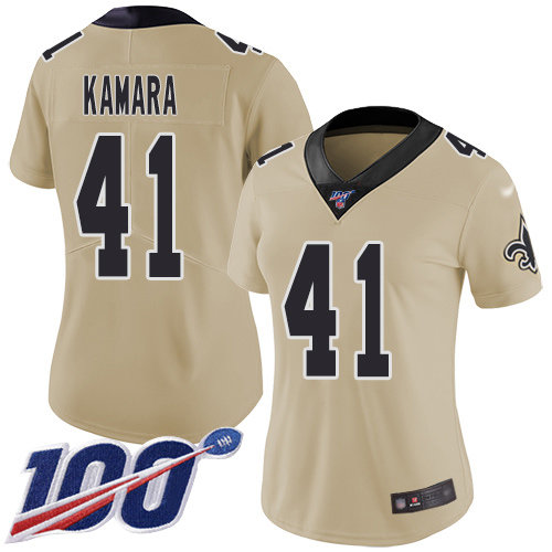 Nike Saints #41 Alvin Kamara Gold Women's Stitched NFL Limited Inverted Legend 100th Season Jersey