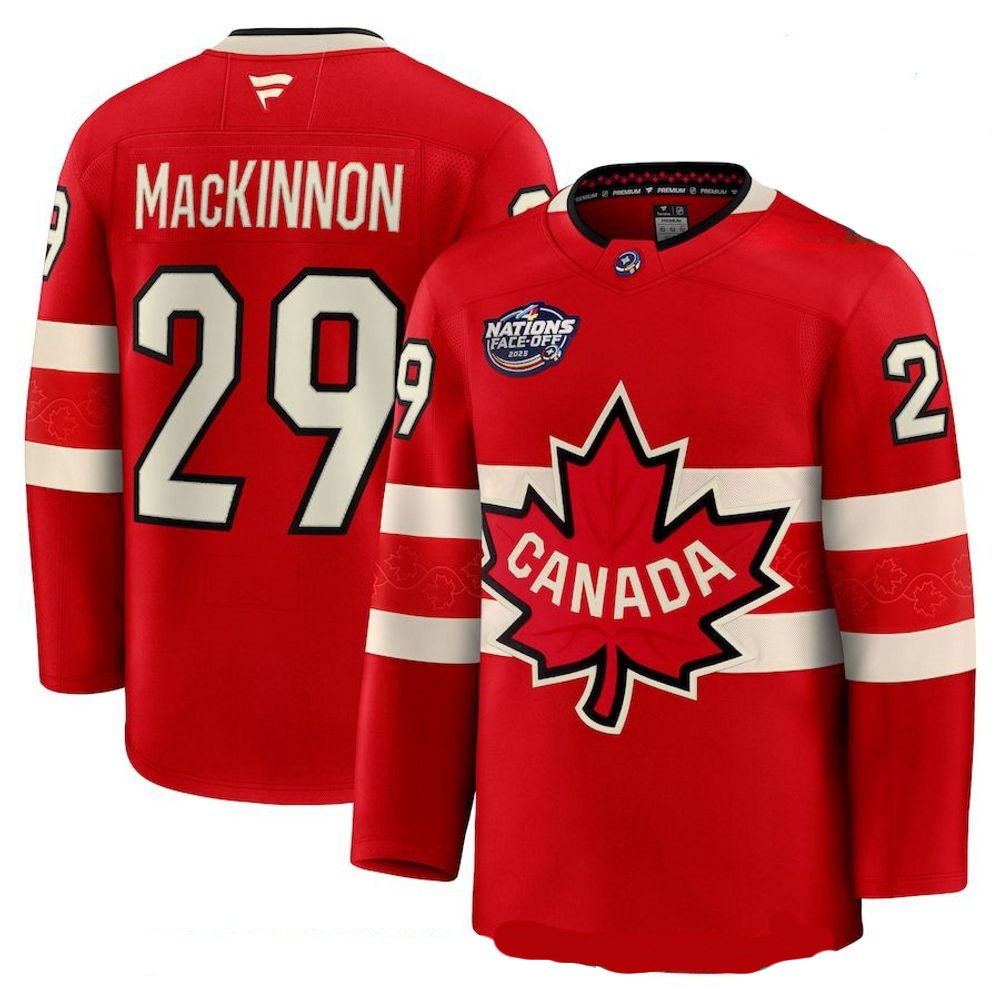 Men's Nathan MacKinnon #29 Canada Fanatics Red 2025 4 Nations Face-Off PremiumPlayer Jersey
