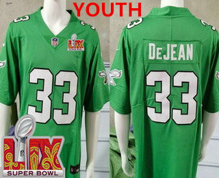 Youth Philadelphia Eagles #33 Cooper DeJean Limited Kelly Green Super Bowl LIX Vapor Jersey