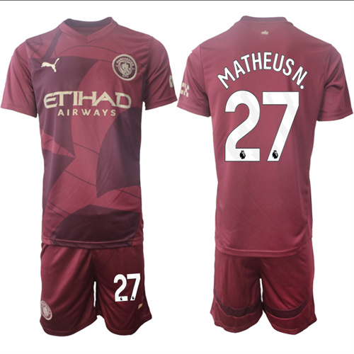 Men's Manchester City  #27 MATHEUSN. Red Third 2024-25 Suit Soccer Jerseys