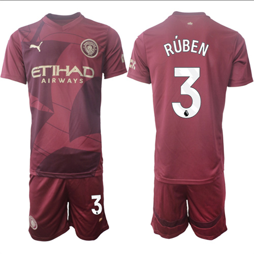 Men's Manchester City  #3 RUBEN Red Third 2024-25 Suit Soccer Jerseys