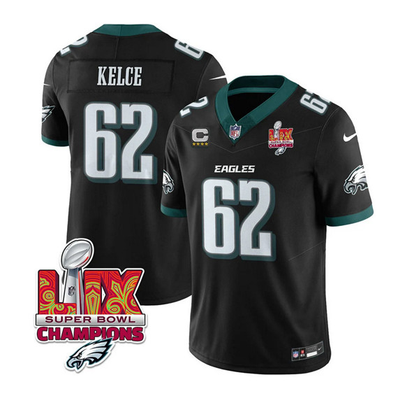 Men's Philadelphia Eagles #62 Jason Kelce Black 2025 Eagles Logo Super Bowl LIX Patch And 4-Star C Patch New F.U.S.E. Vapor Limited Football Stitched Jersey