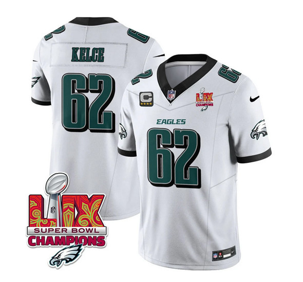 Men's Philadelphia Eagles #62 Jason Kelce White 2025 Eagles Logo Super Bowl LIX Patch And 4-Star C Patch New F.U.S.E. Vapor Limited Football Stitched Jersey
