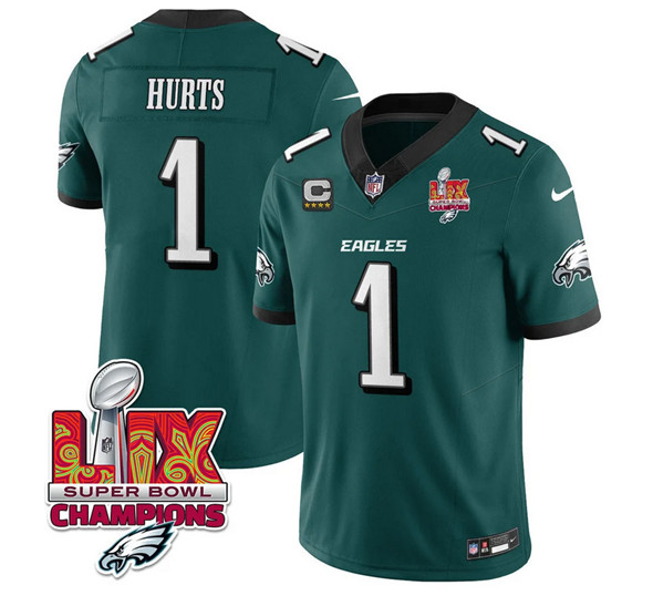 Men's Philadelphia Eagles #1 Jalen Hurts Green 2025 Eagles Logo Super Bowl LIX Patch With 4-Star C Patch New F.U.S.E. Vapor Untouchable Limited Football Stitched Jersey