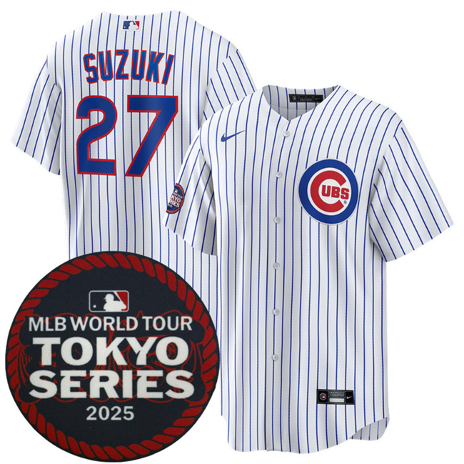 Men's Chicago Cubs #27 Seiya Suzuki White 2025 World Tour Tokyo Series Home Stitched Baseball Jersey