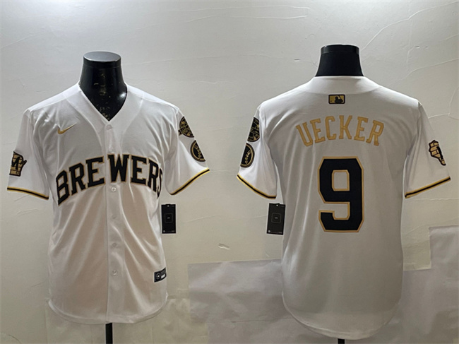 Men's Milwaukee Brewers #9 Bob Uecker White Gold With Home Patch Limited Stitched Baseball Jersey