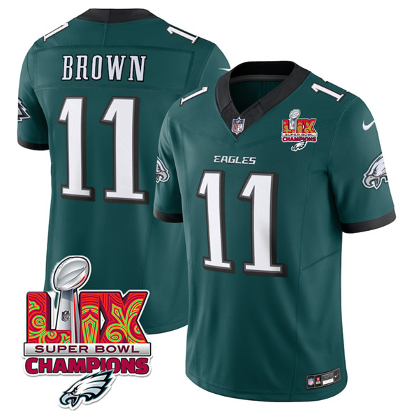 Men's Philadelphia Eagles #11 A.J. Brown Green 2025 Eagles Logo Super Bowl LIX Patch New F.U.S.E. Vapor Untouchable Limited Football Stitched Jersey