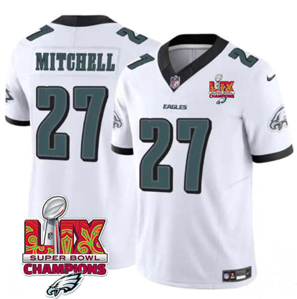 Men's Philadelphia Eagles #27 Quinyon Mitchell White 2025 Eagles Logo Super Bowl LIX Patch New F.U.S.E. Vapor Limited Football Stitched Jersey