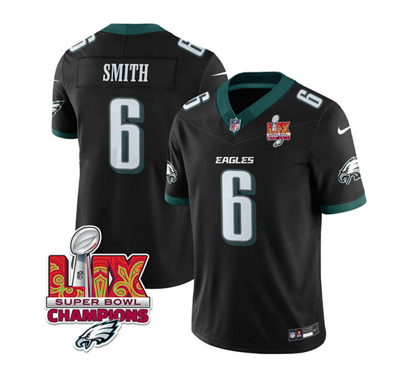 Men's Philadelphia Eagles #6 DeVonta Smith Black 2025 Eagles Logo Super Bowl LIX Patch New F.U.S.E. Vapor Limited Football Stitched Jersey