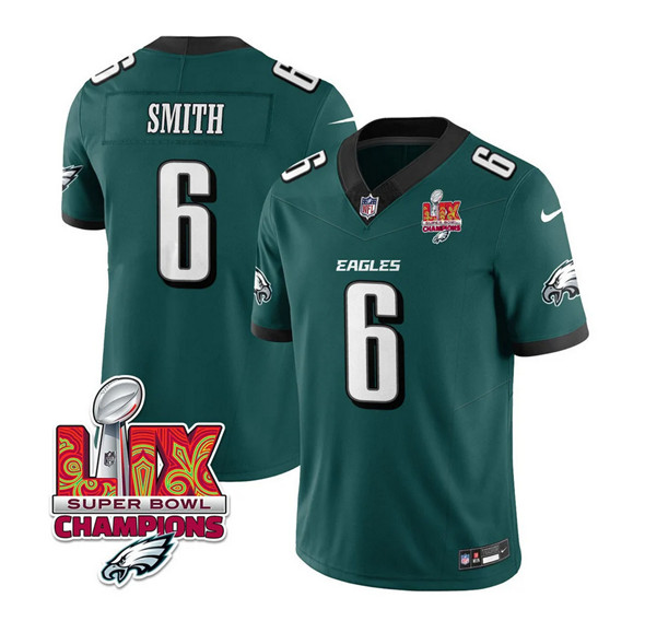 Men's Philadelphia Eagles #6 DeVonta Smith Green 2025 Eagles Logo Super Bowl LIX Patch New F.U.S.E. Vapor Limited Football Stitched Jersey