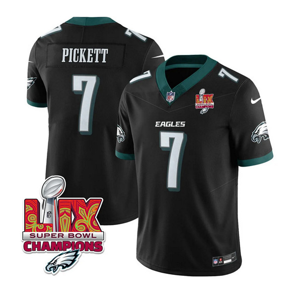 Men's Philadelphia Eagles #7 Kenny Pickett Black 2025 Eagles Logo Super Bowl LIX Patch New F.U.S.E. Vapor Limited Football Stitched Jersey
