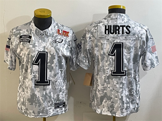 Women's Philadelphia Eagles #1 Jalen Hurts 2025 Super Bowl LIX Patch F.U.S.E. Arctic Camo Salute to Service Limited Football Stitched Jersey(Run Small)