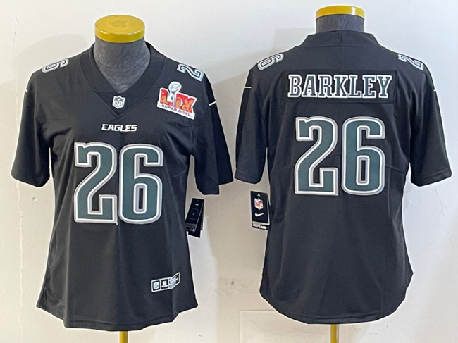 Women's Philadelphia Eagles #26 Saquon Barkley Black 2025 Super Bowl LIX Patch Fashion Vapor Untouchable Limited Football Stitched Jersey(Run Small)