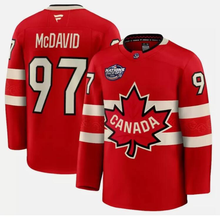 Men's Canada #97 Connor McDavid Red 2025 4 Nations Face-Off Premium Stitched Jersey