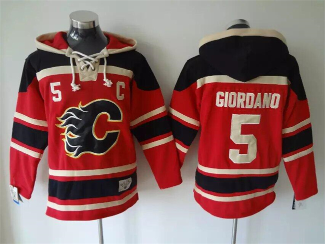 Men's Calgary Flames #5 Mark Giordano Red Black Ageless Must-Have Lace-Up Pullover Hoodie