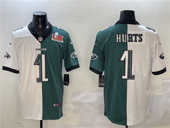 Men's Philadelphia Eagles #1 Jalen Hurts White & Green Split 2025 Super Bowl LIX Patch Vapor Untouchable Limited Football Stitched Jersey