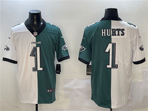 Men's Philadelphia Eagles #1 Jalen Hurts White & Green Split Vapor Untouchable Limited Football Stitched Jersey