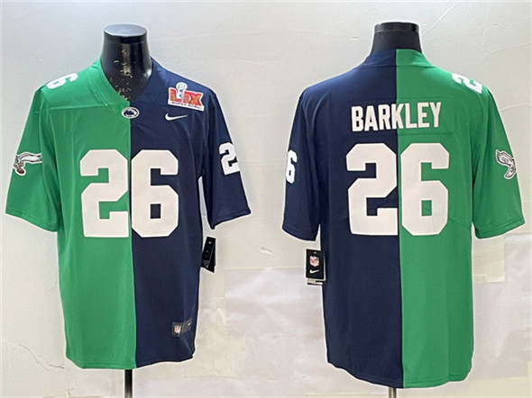 Men's Philadelphia Eagles #26 Saquon Barkley Green & Navy Split 2025 Super Bowl LIX Patch Vapor Untouchable Limited Football Stitched Jersey