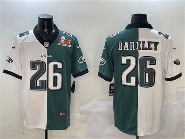 Men's Philadelphia Eagles #26 Saquon Barkley White & Green Split 2025 Super Bowl LIX Patch Vapor Untouchable Limited Football Stitched Jersey