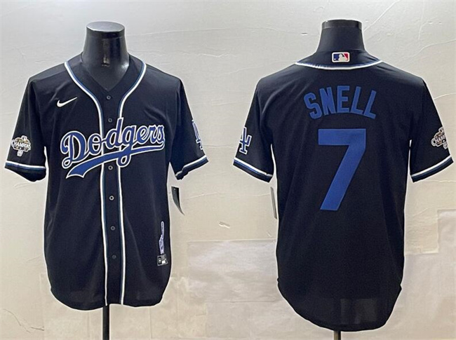 Men's Los Angeles Dodgers #7 Blake Snell Black 2024 World Series Champions Cool Base Stitched Baseball Jersey