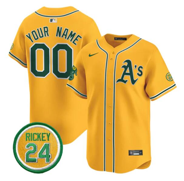Men's Oakland Athletics Active Player Custom Gold Rickey Henderson Patch Vapor Premier Limited Stitched Baseball Jersey