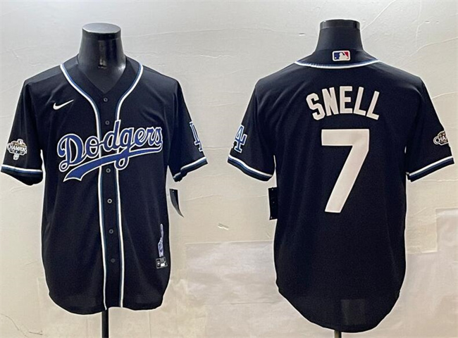 Mens Los Angeles Dodgers #7 Blake Snell Black 2024 World Series Champions Cool Base Stitched Baseball Jersey