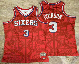 Men's Philadelphia 76ers #3 Allen Iverson Red Snakeskin Hardwood AU Throwback Jersey