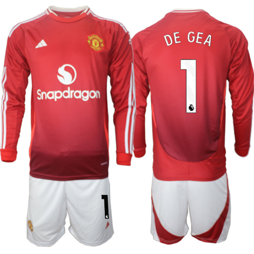 Manchester United #1 DE GEA Home Red Long Sleeve Navy 2024-25 suit soccer jerseys
