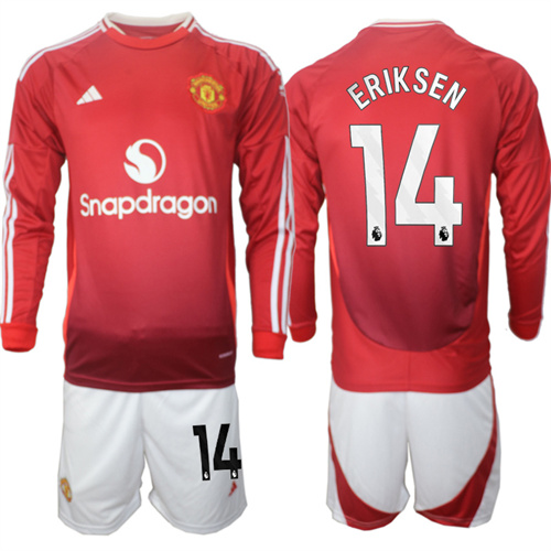 Manchester United #14 ERIKSEN Home Red Long Sleeve Navy 2024-25 suit soccer jerseys