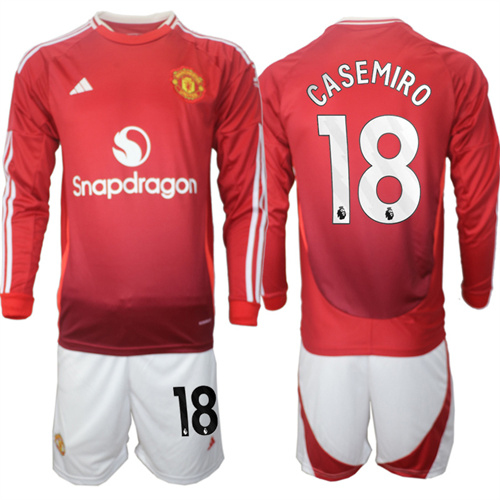 Manchester United #18 CASEMIRO Home Red Long Sleeve Navy 2024-25 suit soccer jerseys
