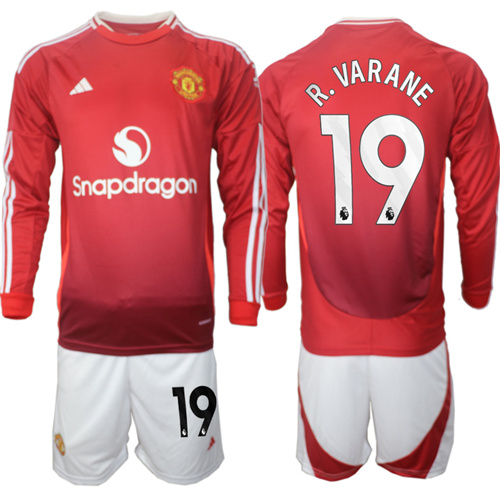 Manchester United #19 R.VARANE Home Red Long Sleeve Navy 2024-25 suit soccer jerseys