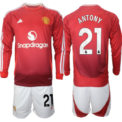 Manchester United #21 ANTONY Home Red Long Sleeve Navy 2024-25 suit soccer jerseys