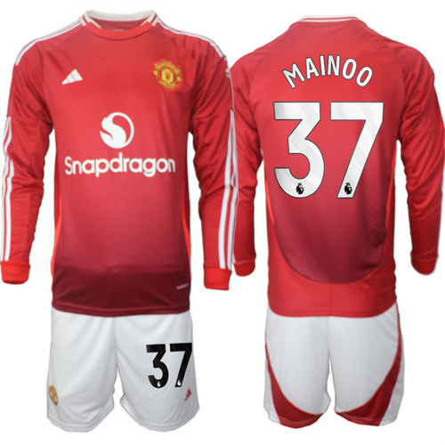 Manchester United #37 MAINOO Home Red Long Sleeve Navy 2024-25 suit soccer jerseys