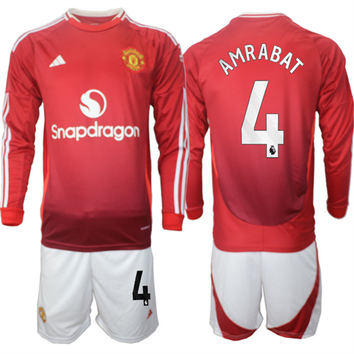 Manchester United #4 AMRABAT Home Red Long Sleeve Navy 2024-25 suit soccer jerseys