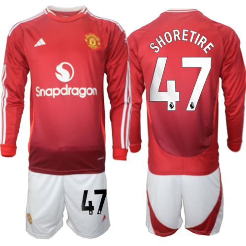 Manchester United #47 SHORETIRE Home Red Long Sleeve Navy 2024-25 suit soccer jerseys