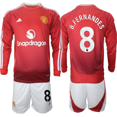 Manchester United #8 B.FERNANDES Home Red Long Sleeve Navy 2024-25 suit soccer jerseys