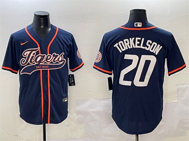 Men's Detroit Tigers #20 Spencer Torkelson Navy With Patch Cool Base Stitched Baseball Jersey
