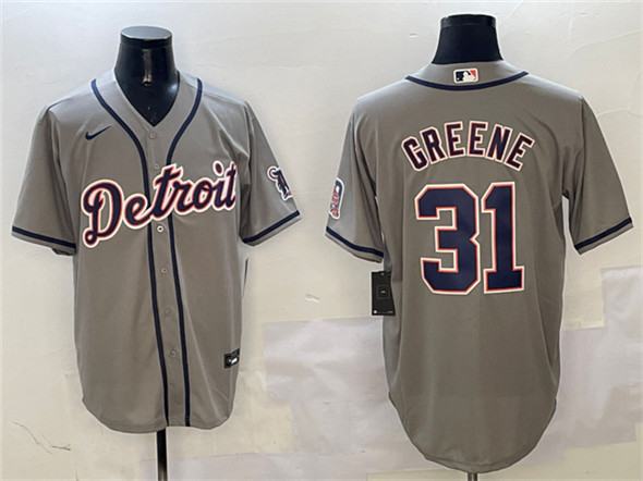 Men's Detroit Tigers #31 Riley Greene Gray With Patch Cool Base Stitched Baseball Jersey