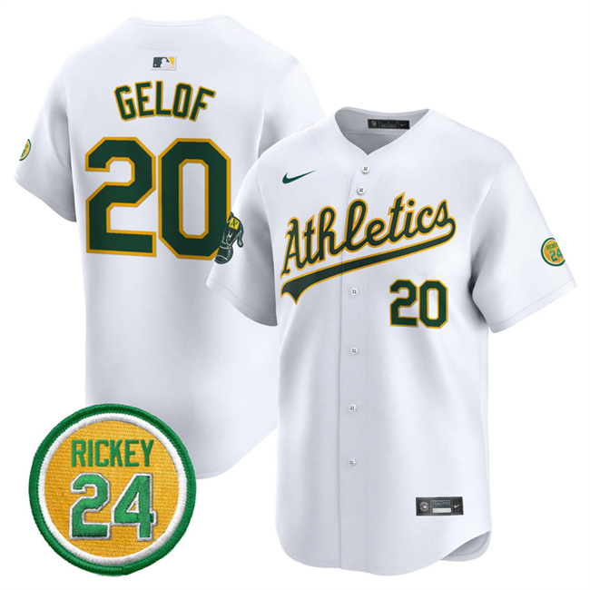 Men's Oakland Athletics #20 Zack Gelof White 2024 Home Limited With Rickey Henderson Patch Stitched Jersey