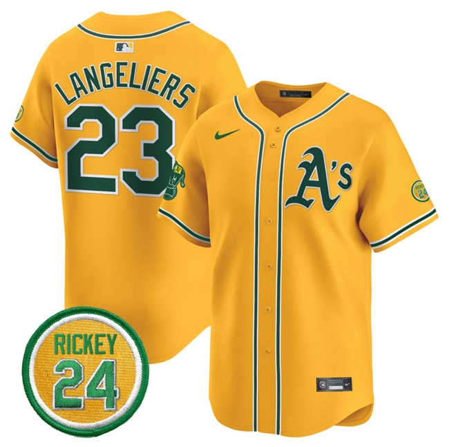 Men's Oakland Athletics #23 Shea Langeliers Yellow 2024 Limited With Rickey Henderson Patch Stitched Jersey