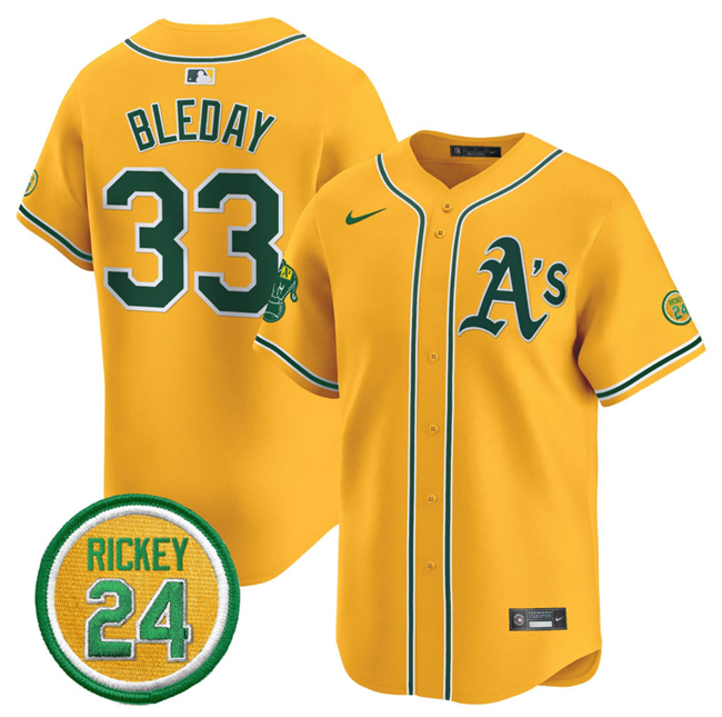 Men's Oakland Athletics #33 JJ Bleday Yellow 2024 Limited With Rickey Henderson Patch Stitched Jersey