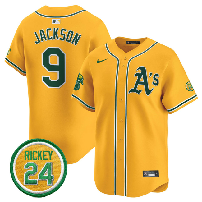 Men's Oakland Athletics #9 Reggie Jackson Yellow 2024 Limited With Rickey Henderson Patch Stitched Jersey